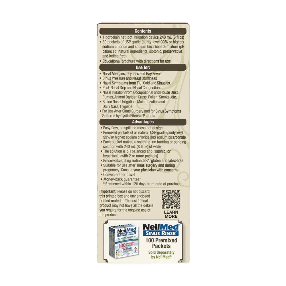 NasaFlo 8oz Porcelain Neti Pot with 30 Premixed Packets - Image 3