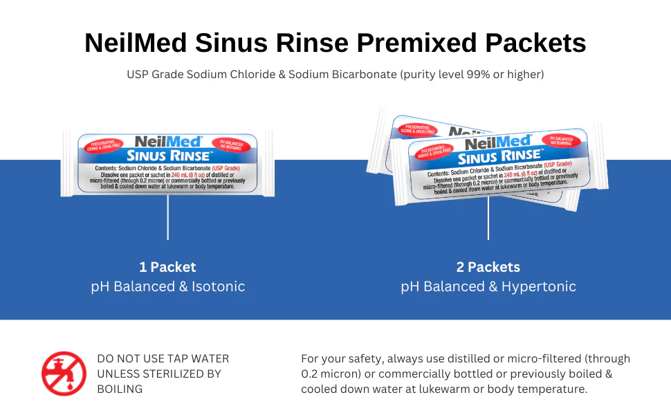 NeilMed Sinus Rinse Kit Combo Pack - 2 Sinus Rinse Bottles & 100 Premixed Packets for Nasal Allergies & Daily Hygiene pH Balanced Saline Solution for Sinus Pressure Relief Value Pack - Image 3