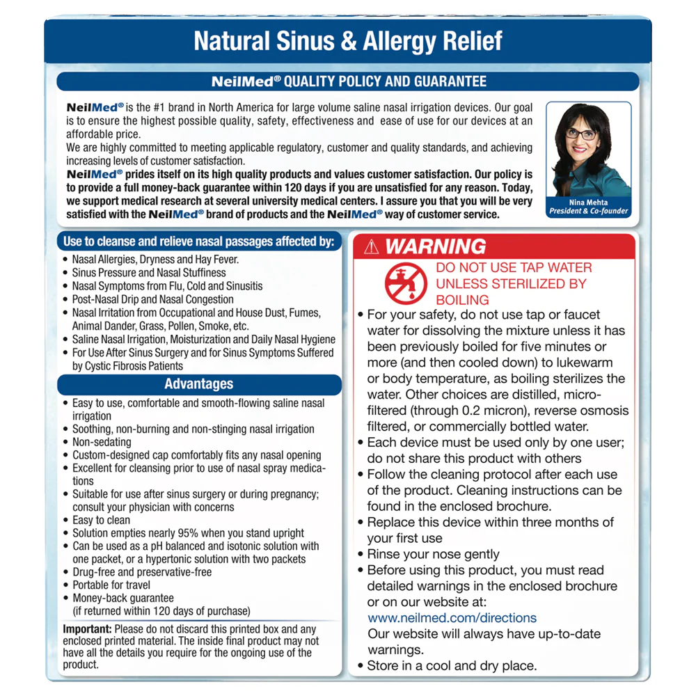 NeilMed Sinus Rinse Kit Combo Pack - 2 Sinus Rinse Bottles & 100 Premixed Packets for Nasal Allergies & Daily Hygiene pH Balanced Saline Solution for Sinus Pressure Relief Value Pack - Image 8